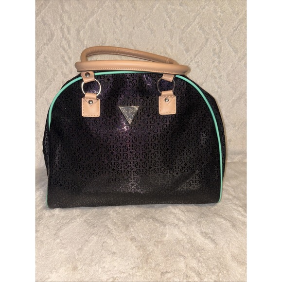 GUESS Vintage G Logo Pattern Travel Bag Weekender Black Green PVC Waterproof - Picture 1 of 11